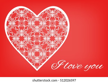 Ornate carved heart on a red background as a greeting card. I love you card with place for the text. Laser cutting template for card or invitation. Lace heart symbol with paper-cut effect.