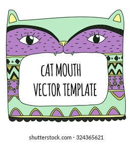 Ornate cat head with open mouth. Vector illustration