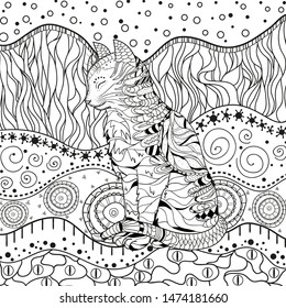 Ornate cat on pattern. Hand drawn abstract patterns on isolation background. Design for spiritual relaxation for adults. Black and white illustration for anti stress colouring page
