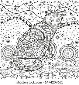Ornate cat on pattern. Hand drawn abstract patterns on isolation background. Design for spiritual relaxation for adults. Black and white illustration for anti stress colouring page