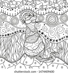 Ornate cat on pattern. Hand drawn abstract patterns on isolation background. Design for spiritual relaxation for adults. Black and white illustration for anti stress colouring page