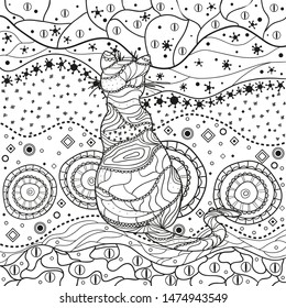 Ornate cat on pattern. Hand drawn abstract patterns on isolation background. Design for spiritual relaxation for adults. Black and white illustration for anti stress colouring page