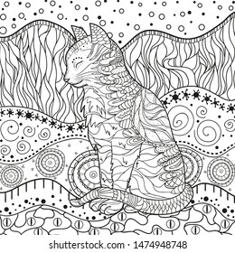 Ornate cat on pattern. Hand drawn abstract patterns on isolation background. Design for spiritual relaxation for adults. Black and white illustration for anti stress colouring page