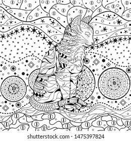 Ornate cat on pattern. Hand drawn abstract patterns on isolation background. Design for spiritual relaxation for adults. Black and white illustration for anti stress colouring page