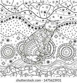 Ornate cat on pattern. Hand drawn abstract patterns on isolation background. Black and white illustration for anti stress colouring page