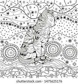 Ornate cat on pattern. Hand drawn abstract patterns on isolation background. Black and white illustration for anti stress colouring page