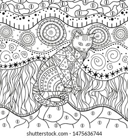 Ornate cat on pattern. Hand drawn abstract patterns on isolation background. Black and white illustration for anti stress colouring page