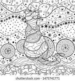 Ornate cat on pattern. Hand drawn abstract patterns on isolation background. Black and white illustration for anti stress colouring page