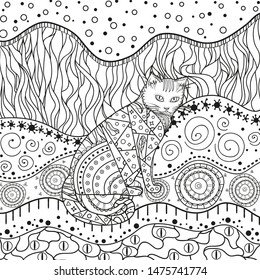 Ornate cat on pattern. Hand drawn abstract patterns on isolation background. Black and white illustration for anti stress colouring page