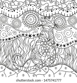 Ornate cat on pattern. Hand drawn abstract patterns on isolation background. Black and white illustration for anti stress colouring page