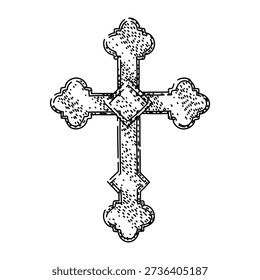 Ornate catholic cross illustration featuring a textured, traditional design, symbolizing reverence, christian belief, ancient tradition and sacred devotion in a minimalist black and white graphic