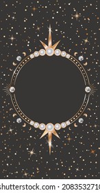 Ornate celestial card template. Festive dark vector astrological background with a copy space. Round shiny golden frame with stars, gems, pearls, moon phases and place for text on a black backdrop