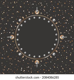 Ornate celestial card template. Festive dark vector astrological background with a copy space. Round shiny golden frame with stars, gems, moon phases and place for text on a black backdrop