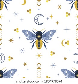 Ornate celestial cosmic bee vector seamless pattern. Decorative boho magical whimsical honeybee insect surface print design. 