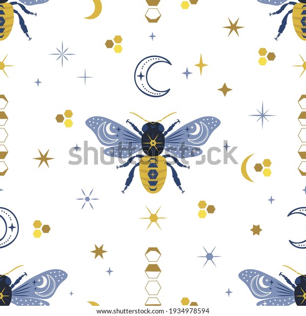 Ornate celestial cosmic bee vector seamless pattern.\
Decorative boho magical whimsical honeybee insect surface print\
design. 