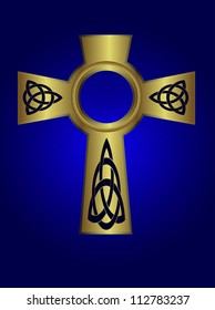 Cruz de oro celta ordenada sobre fondo azul profundo con efecto de arranque