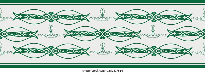 Ornate Celtic Seamless Vector Border Design. Modern Stylized Floral Green White Hand Drawn Illustration. Horizontal Geometric Swirl Banner. Edging, Ribbon, Trim For Irish, Gaelic Celebration Concept