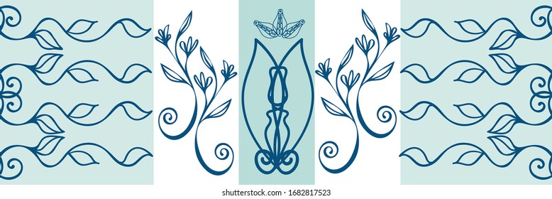 Ornate celtic seamless vector border design. Modern striped floral blue white hand drawn illustration. Horizontal geometric swirl banner. Edging, ribbon, trim for irish, gaelic celebration concept