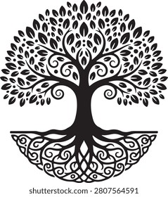 Ornate Celtic Tree of Life with Roots  Yggdrasil Circle Symbol Vector