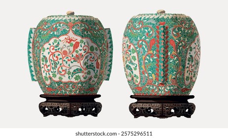 Ornate ceramic jars with intricate floral patterns in red and green. Decorative jars on wooden stands. Ceramic art with vibrant floral designs. Vintage art drawing, isolated vector element.