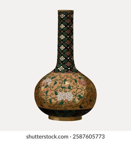 Ornate ceramic vase with floral patterns. Tall vase with intricate designs. Decorative vase showcasing elegant craftsmanship. Vase with artistic floral motifs. Vintage Japanese illustration vector.