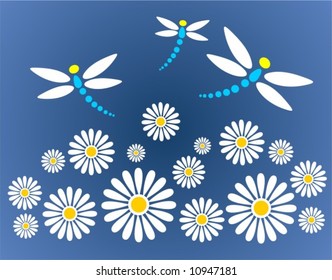 Ornate chamomiles and  dragonflies on a dark blue background.