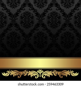 Ornate charcoal damask Background with golden Ribbon. 