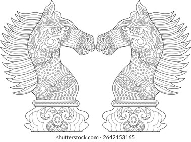 Ornate Chess Knight Horse Heads Line Art, Two decorative and detailed line art drawings of mirrored horse heads, resembling chess knights, perfect for coloring books, anti-stress meditation, or