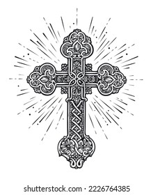 Ornate Christian Cross. Church, Faith in God, Christianity religion symbol. Illustration in vintage engraving style