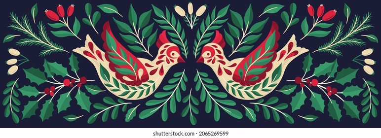 Ornate Christmas 2022 bird animal.Branch leaves elegante xmas design. Vector illustration.