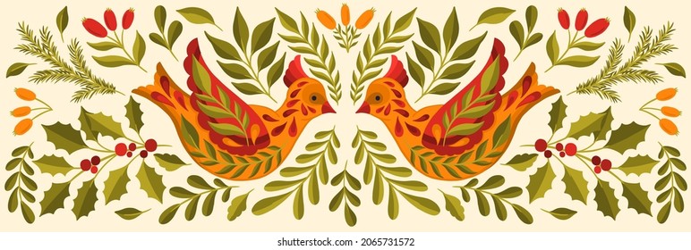 Ornate Christmas 2022 bird animal.Branch leaves elegante xmas design. Vector illustration.