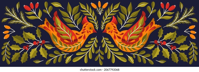 Ornate Christmas 2022 bird animal.Branch leaves elegante xmas design. Vector illustration.