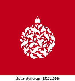 Ornate Christmas ball with floral ornament on red background. vintage flat icon. Holiday greeting card. New year clip art. Vector  illustration