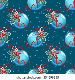 Ornate Christmas balls on a blue background. Seamless pattern.