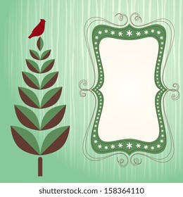 Ornate Christmas banner with Christmas tree and bird.