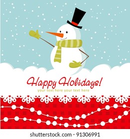 Ornate Christmas card with doodle snowman and decorative lace