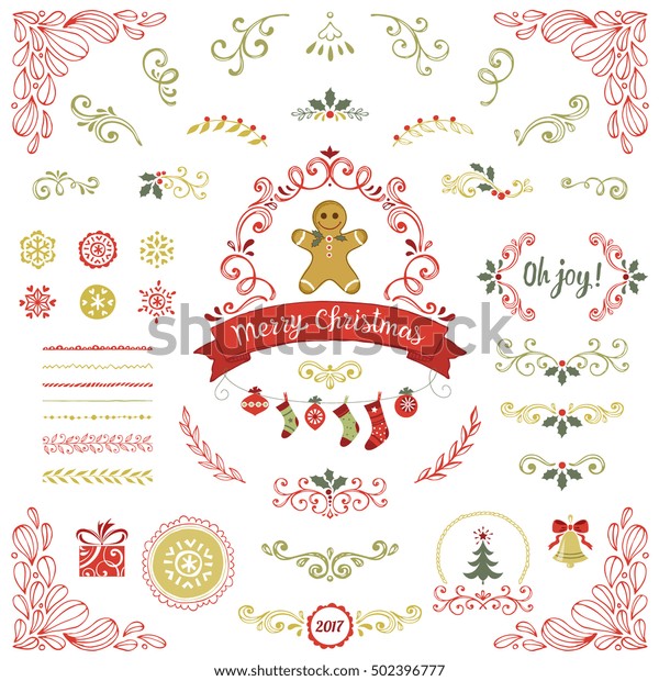 Ornate Christmas collection. Swirl\
elements with Holly Berry, snowflakes, Christmas balls, socks,\
gingerbread, gift box, pattern brushes, Christmas tree, bell,\
banner and other vector\
illustrations.