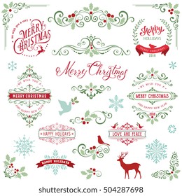 Ornate Christmas frames and swirl elements with Merry Christmas quotes, snowflakes, dove and bird.