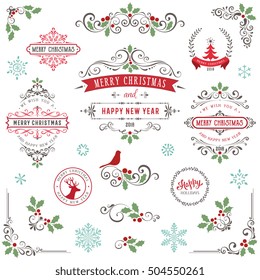 Ornate Christmas frames and swirl elements with Merry Christmas quotes and banners, snowflakes, tree, Holly Berry and bird.