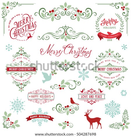 Ornate Christmas frames and swirl elements with Merry Christmas quotes, snowflakes, dove and bird.