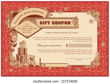Ornate Christmas Gift Certificate With Gifts And Snowflakes