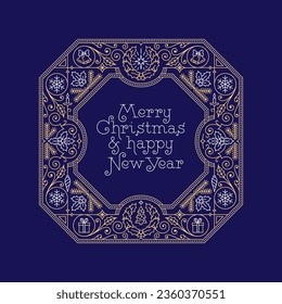 Ornate Christmas label with festive decorative objects and copy space. Suitable for greeting cards, posters, holiday covers, invitations. Winter holiday design for xmas. Vector illustration.