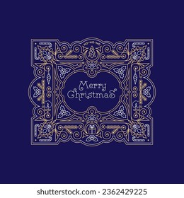 Ornate Christmas label with festive decorative objects and copy space. Suitable for greeting cards, posters, holiday covers, invitations. Winter holiday design for xmas. Vector illustration.