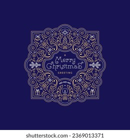 Ornate Christmas label with festive decorative objects and copy space. Suitable for greeting cards, posters, holiday covers, invitations. Winter holiday design for xmas. Vector illustration.