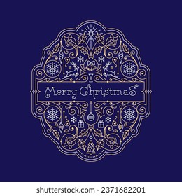 Ornate Christmas label with festive decorative objects and copy space. Suitable for greeting cards, posters, holiday covers, invitations. Winter holiday design for xmas. Vector illustration.