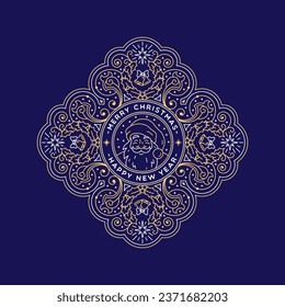 Ornate Christmas label with festive decorative objects and copy space. Suitable for greeting cards, posters, holiday covers, invitations. Winter holiday design for xmas. Vector illustration.