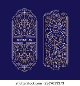 Ornate Christmas labels with festive decorative objects and copy space. Suitable for greeting cards, posters, holiday covers, invitations. Winter holiday design for xmas. Vector illustration.