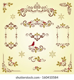 Ornate Christmas swirl set with frames, holly berry and snowflakes. Vector illustration.