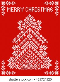 Ornate Christmas tree with red and white folk ornaments. Festive Christmas sweater design. Winter knitting pattern in the fair isle style. Merry Christmas card, banner, poster. Vector illustration