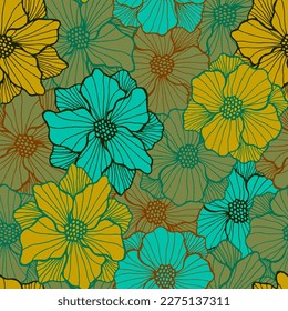 Ornate chrysanthemum blossom seamless design. Hand drawn bouquet composition. Poppy bloom with doodle petals. Fabric print. Garden flower spring endless pattern botanic vector.